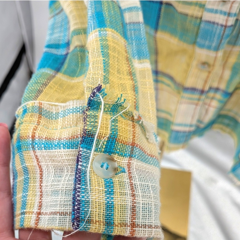 La Miel Plaid Gauze Shirt Raw Hem Boho‎ Beach Lightweight NWT L - Picture 10 of 11